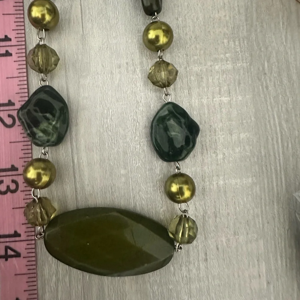 Long Green Resin Bead, glass seed beads, Necklace | Boho Artisan Statement